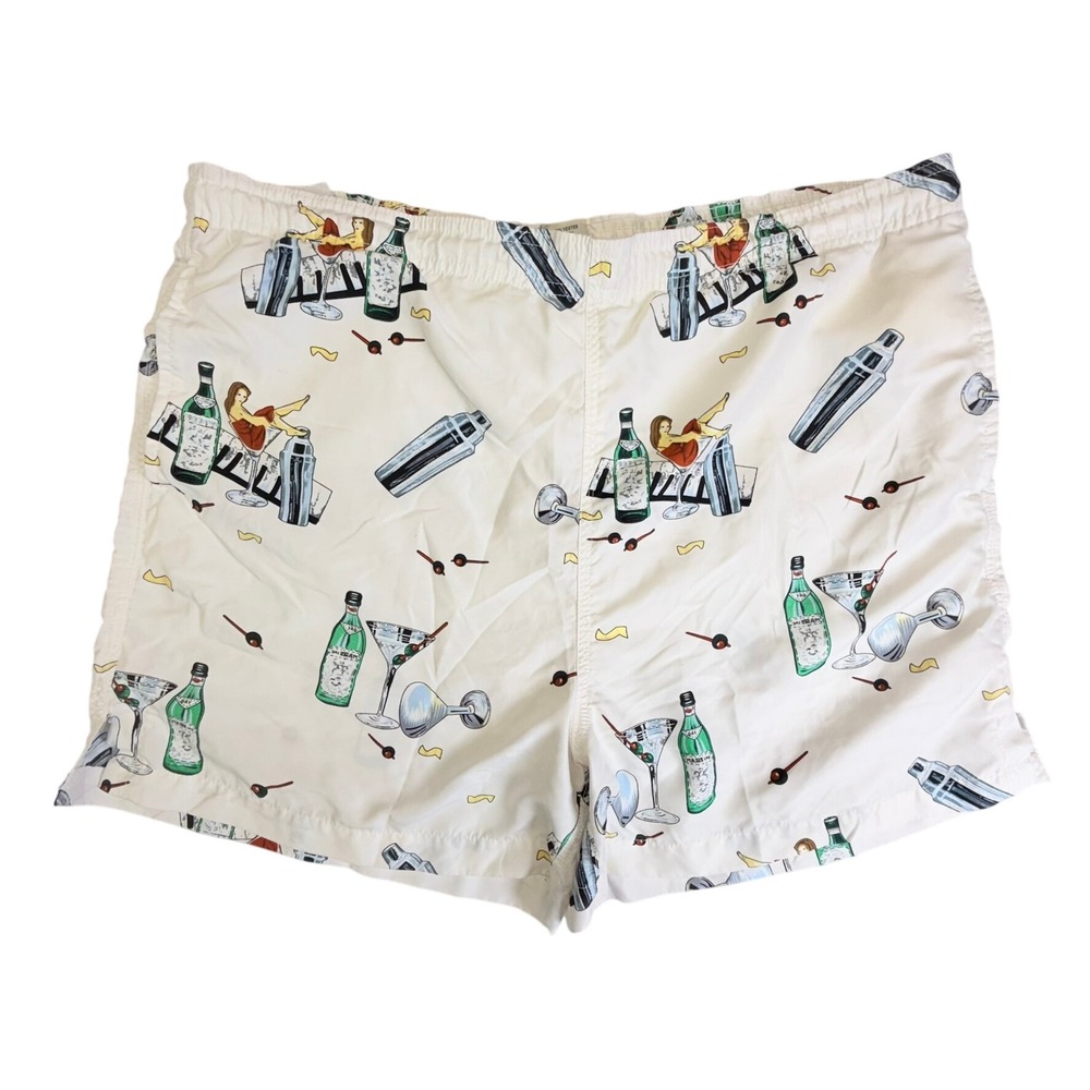 Coconut Pier Swim Trunks Mens Small White Cocktail Martini Pinup Print Shorts